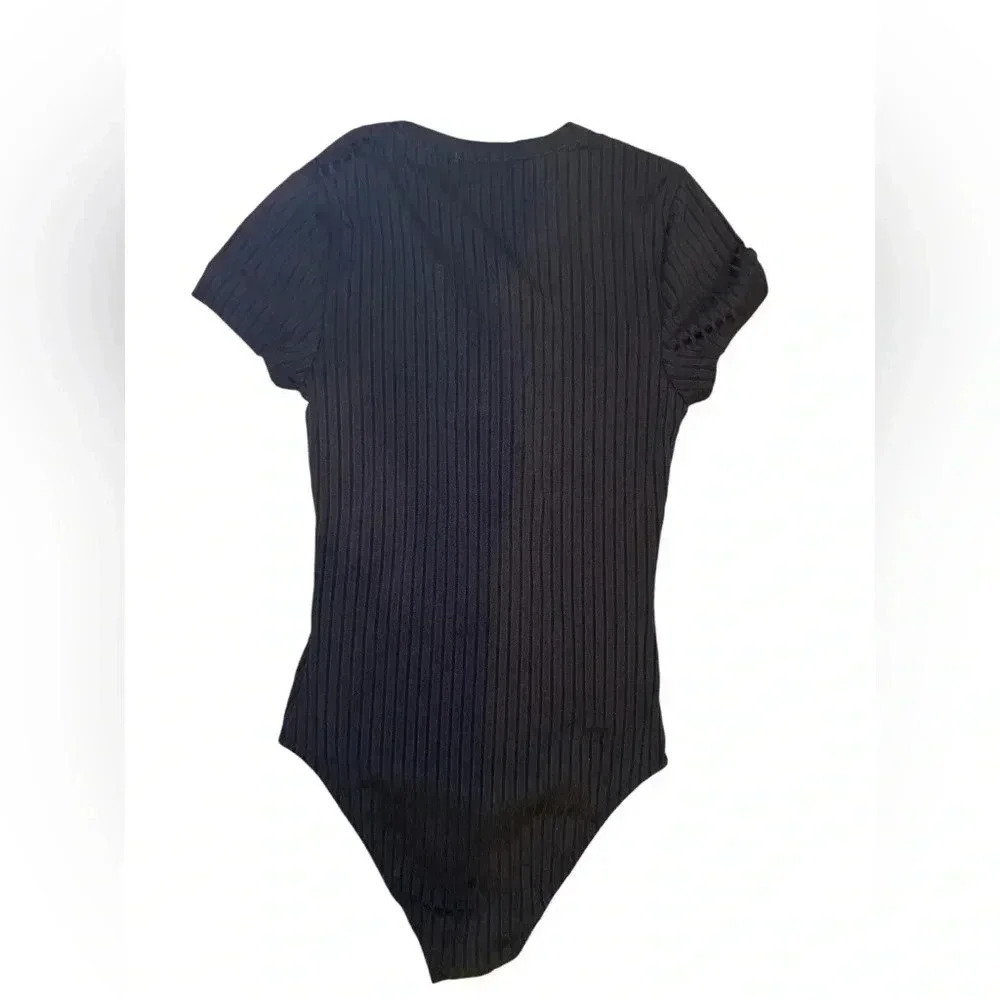 Black Ribboned Lace Up Detail Short Sleeve Bodysuit , Size medium - Picture 2 of 7